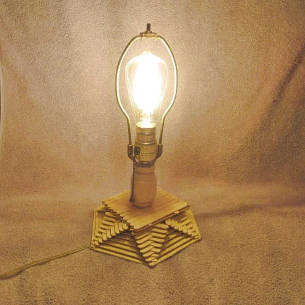 Vtg Popsicle Stick Table Lamp And Shade Wired Folk Tramp Art Boho MCM 60s Hippie